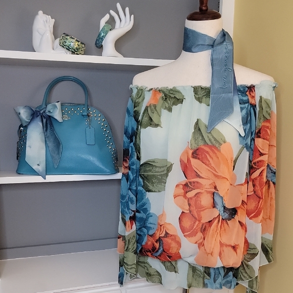 Floral Off-Shoulder Blouse Sheer Blue Teal Orange Green - Picture 8 of 12